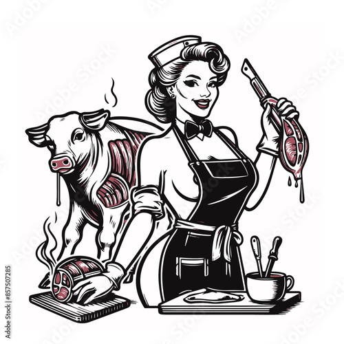 retro pin-up girl as a butcher black and white vector