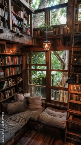 Cozy reading nook with bookshelves in wooden treehouse