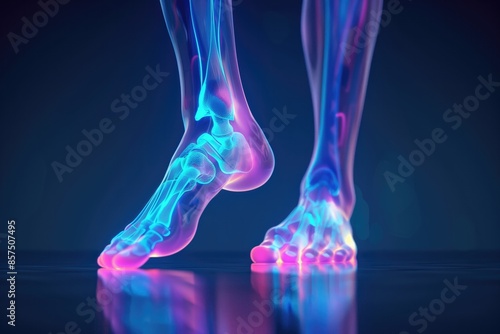 Digital rendering of feet's skeletal system with highlighted joint pain, fungal infection, and various foot conditions, suitable for orthopedic and medical applications. High quality illustration