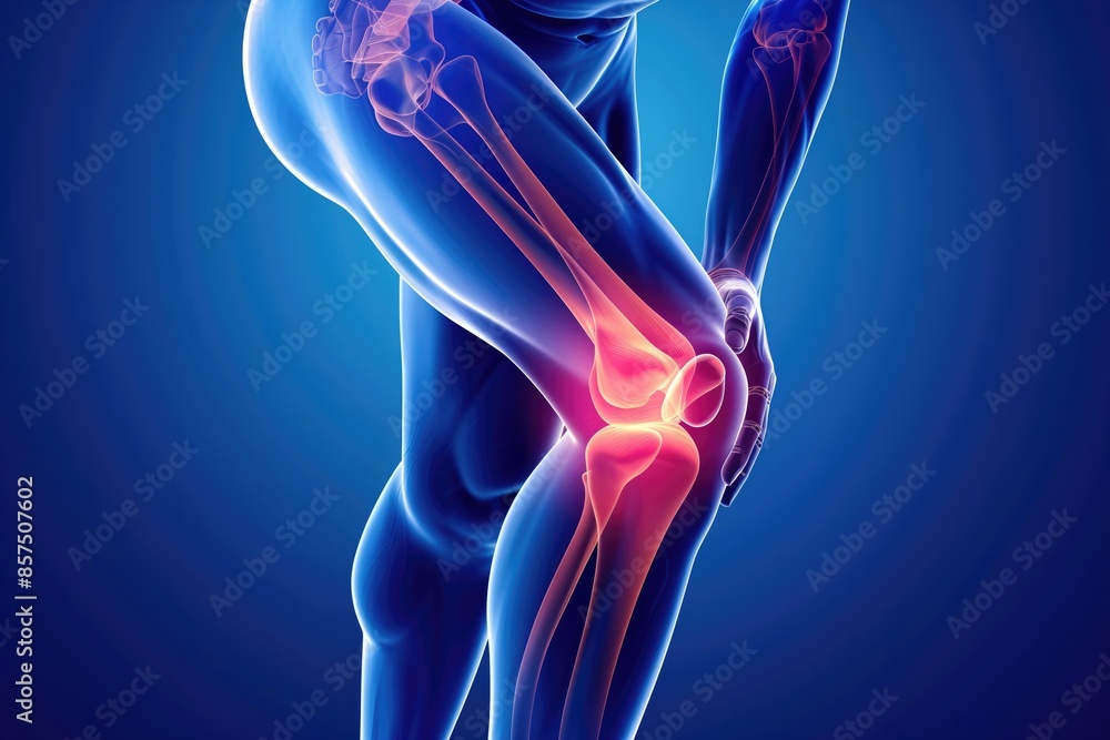 3D illustration of a human knee with highlighted joint pain, ideal for medical and educational use. High quality illustration 3D illustration of a human knee with highlighted joint pain, ideal for medical and educational use. High quality illustration