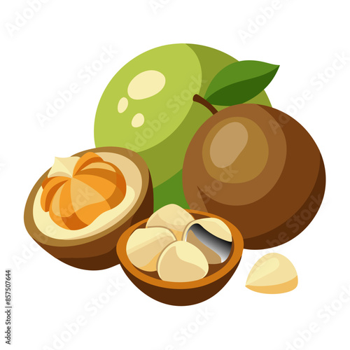 Fresh nuts with green and brown outer shells, showcasing various textures and creamy interiors