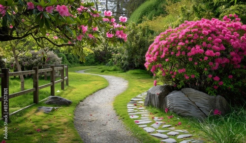 Serene Garden Path with Pink Blossoms