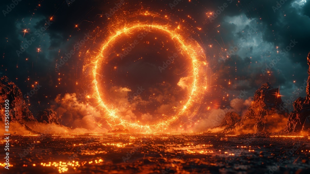 A mystical and fiery ring created from lava and fire is showcased in an eruptive, volcanic landscape, symbolizing power, mystery, and the allure of danger and adventure. A mystical and fiery ring created from lava and fire is showcased in an eruptive, volcanic landscape, symbolizing power, mystery, and the allure of danger and adventure.