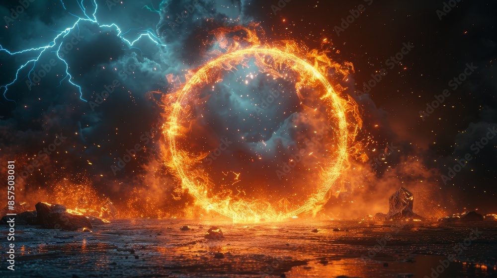 A flaming circle stands boldly against a tumultuous sky filled with lightning strikes, creating an intense scene evoking power, chaos, and natural forces at play. A flaming circle stands boldly against a tumultuous sky filled with lightning strikes, creating an intense scene evoking power, chaos, and natural forces at play.
