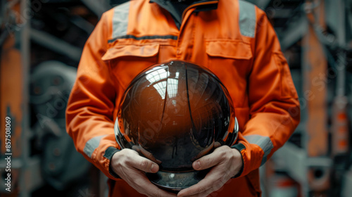 man in work clothes holding a work helmet in his hands