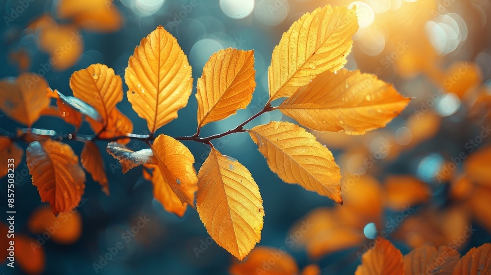 Close-up of radiant orange leaves on a branch basking in warm sunlight, capturing the essence of fall with a beautiful bokeh background enhancing the warm ambiance. Close-up of radiant orange leaves on a branch basking in warm sunlight, capturing the essence of fall with a beautiful bokeh background enhancing the warm ambiance.