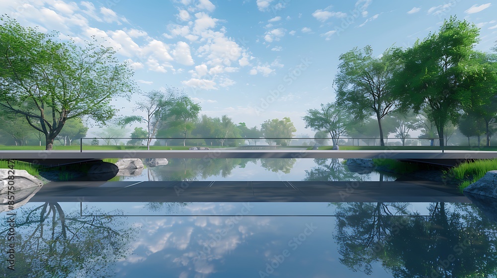 Fototapeta premium minimalist bridge over a tranquil pond in a public park, designed with clean lines and without handrails to offer an unobstructed view of the natural setting