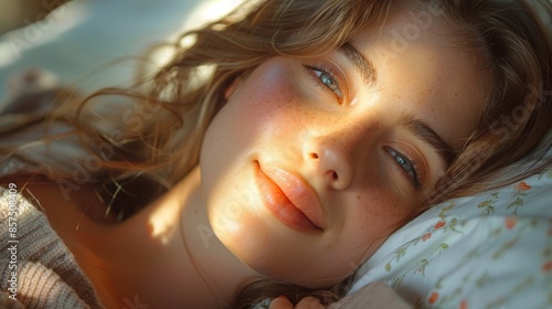 A calm image depicting a person peacefully sleeping embraced by the soft morning light, representing tranquility, warmth, and the gentle embrace of a new day. photo