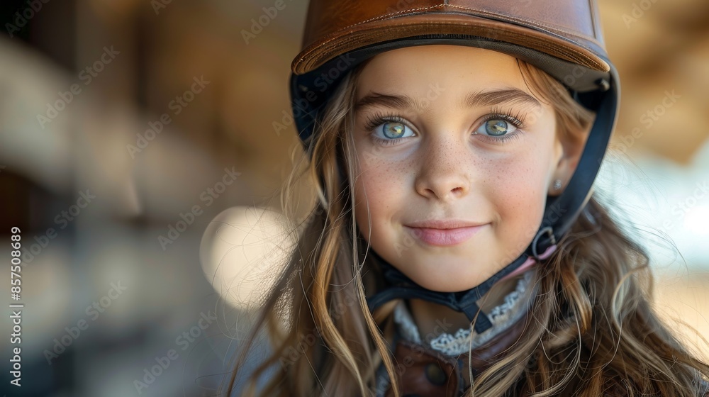 A young girl with bright green eyes and long hair wearing an equestrian helmet and jacket, smiling warmly while standing outside in a barn environment. A young girl with bright green eyes and long hair wearing an equestrian helmet and jacket, smiling warmly while standing outside in a barn environment.