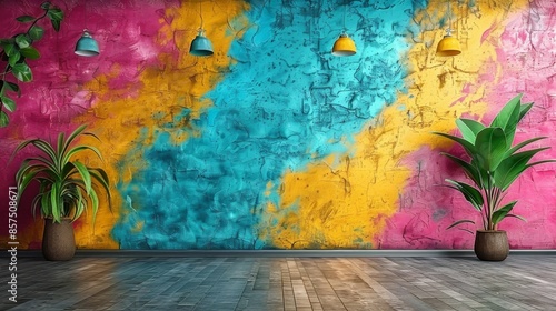 Vibrant graffiti mural showcasing a blend of blue, yellow, and pink hues on a modern industrial wall, accompanied by hanging lights and potted plants. photo