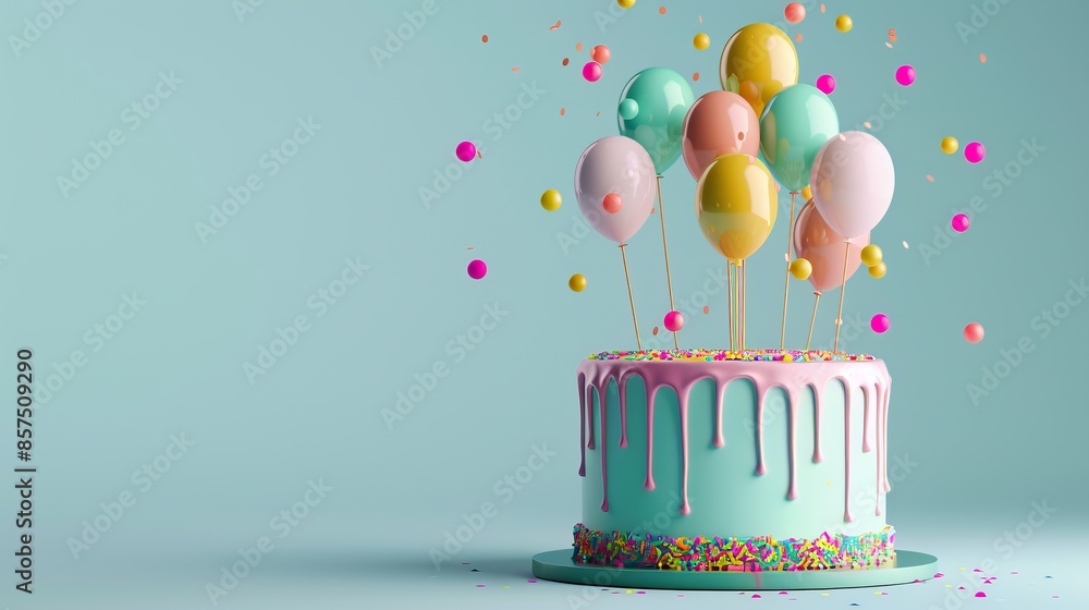 Colorful birthday cake with balloons and sprinkles. Vibrant pastel treatment. Perfect for celebrations, parties, and festive events. Dripping icing and floating balloons add a whimsical touch. AI Colorful birthday cake with balloons and sprinkles. Vibrant pastel treatment. Perfect for celebrations, parties, and festive events. Dripping icing and floating balloons add a whimsical touch. AI