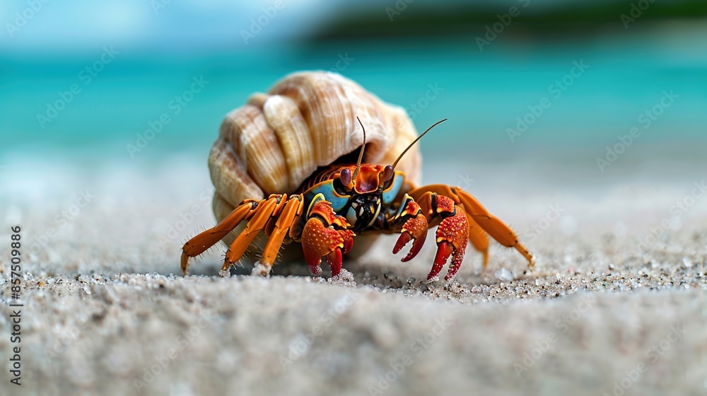 Close Up of a Vibrant Hermit Crab on a Sandy Beach Close Up of a Vibrant Hermit Crab on a Sandy Beach
