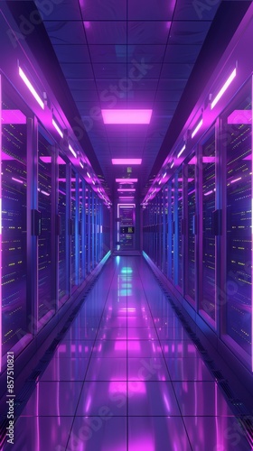 Data center corridor with neon lights  futuristic technology concept