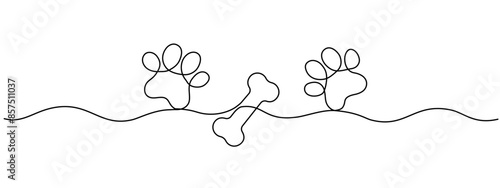 Drawing of a dog's paw and bone with a continuous line. Paw print with bone with one editable line. Vector illustration.