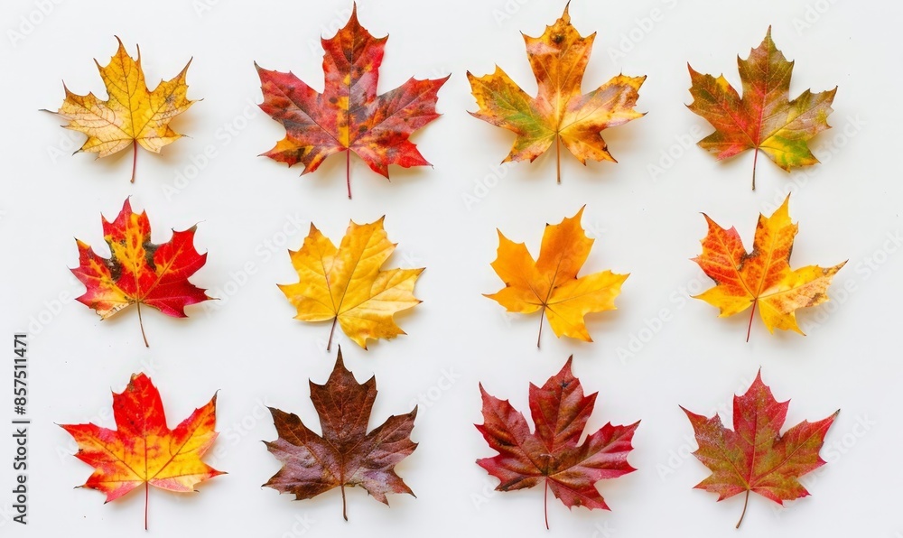 Fototapeta premium Vibrant Seasonal Maple Leaves Collection on White Background