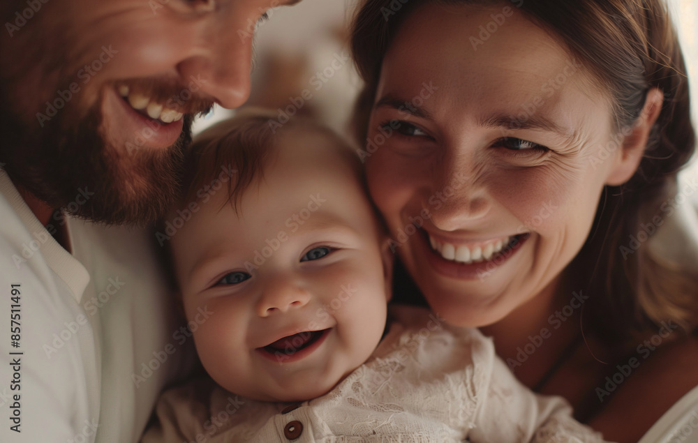 Happy Parents Smiling and Cuddling Their Cute Baby in a Warm, Loving Family Moment Happy Parents Smiling and Cuddling Their Cute Baby in a Warm, Loving Family Moment