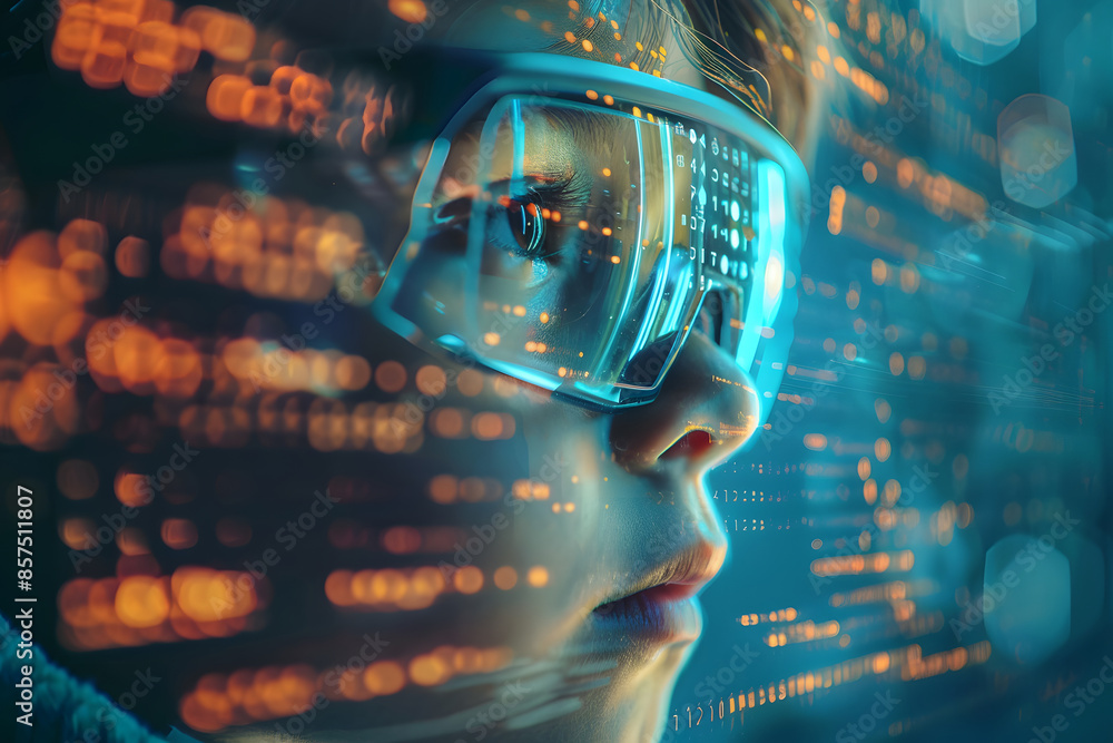 Child wearing VR glasses fragmented by pixels isolated on digital background, advanced technology concept Child wearing VR glasses fragmented by pixels isolated on digital background, advanced technology concept