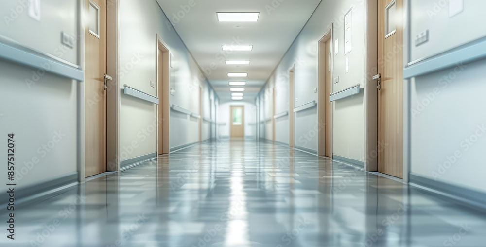 Fototapeta premium Blurred background of empty light color corridor in hospital or clinic