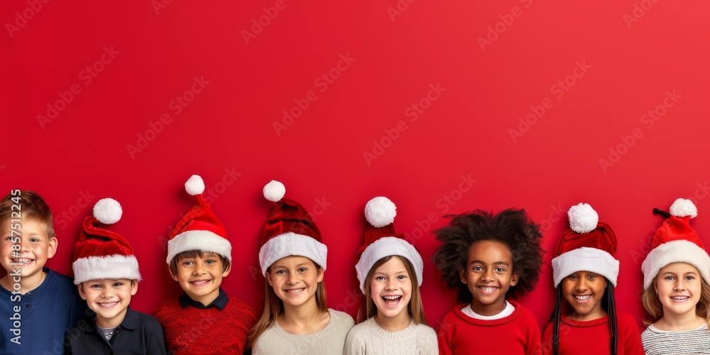 A group of happy children in Santa hats celebrate Christmas together, spreading festive cheer and joy in December. They create a cheerful and joyful atmosphere during the holiday season A group of happy children in Santa hats celebrate Christmas together, spreading festive cheer and joy in December. They create a cheerful and joyful atmosphere during the holiday season