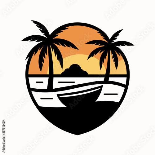 Stunning Vector T-Shirt Design: Black Outline Palm Tree and Boat Art