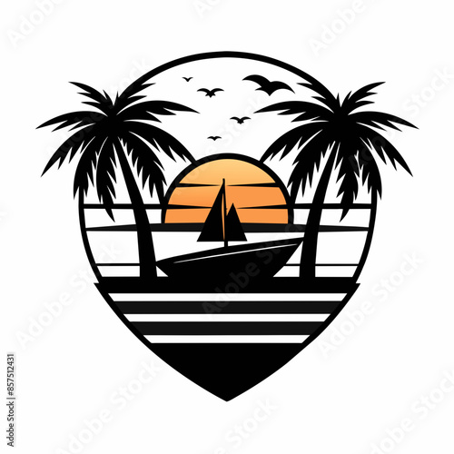 Stunning Vector T-Shirt Design: Black Outline Palm Tree and Boat Art