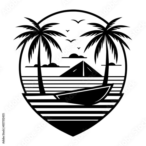 Stunning Vector T-Shirt Design: Black Outline Palm Tree and Boat Art
