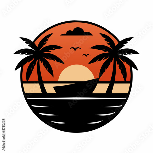 Stunning Vector T-Shirt Design: Black Outline Palm Tree and Boat Art