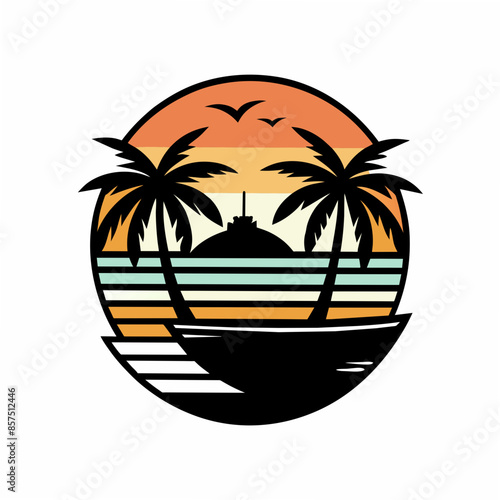 Stunning Vector T-Shirt Design: Black Outline Palm Tree and Boat Art