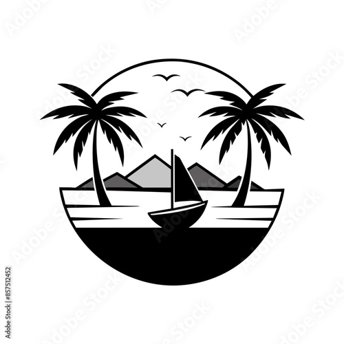 Stunning Vector T-Shirt Design: Black Outline Palm Tree and Boat Art