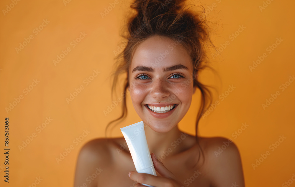 Smiling Young Woman Holding a Skincare Product Against an Orange Background, Promoting Healthy Skin and Beauty Smiling Young Woman Holding a Skincare Product Against an Orange Background, Promoting Healthy Skin and Beauty