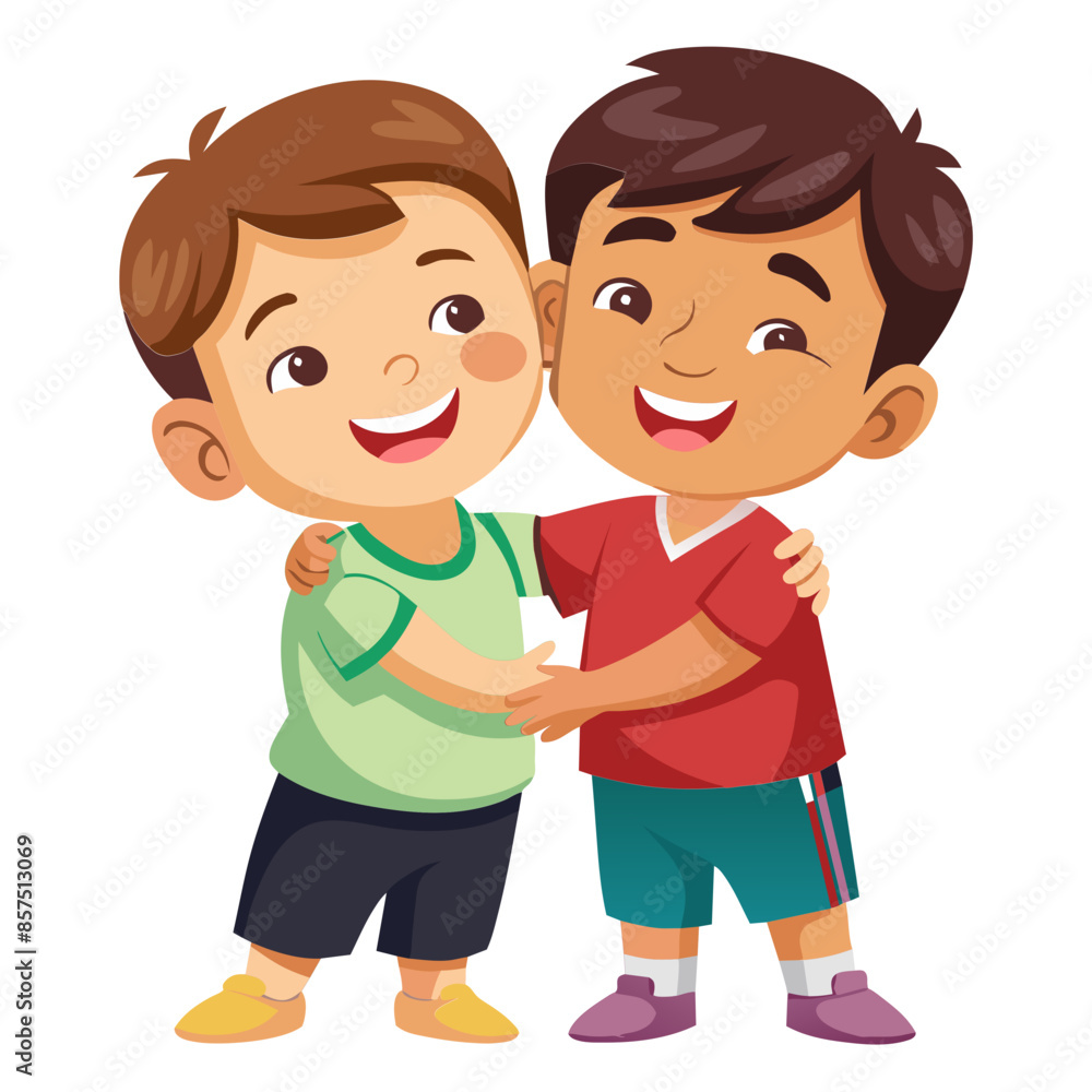 Two cartoon boys in colorful dresses smile and play together Two cartoon boys in colorful dresses smile and play together