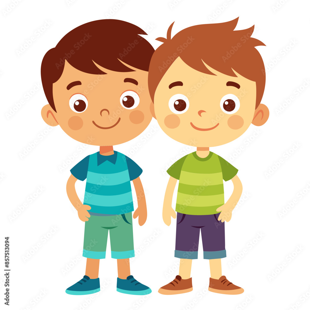 Two cartoon boys in colorful dresses smile and play together Two cartoon boys in colorful dresses smile and play together