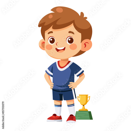 A happy cartoon boy in a soccer uniform is ready to juggle the ball at his feet