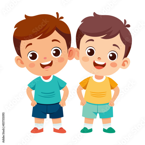 Two cartoon boys in colorful dresses smile and play together  