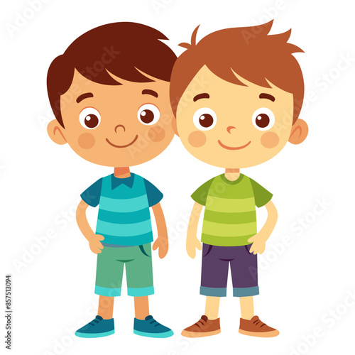 Two cartoon boys in colorful dresses smile and play together  