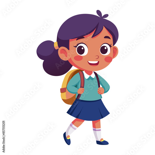 A cute cartoon little girl with a backpack smiles happily