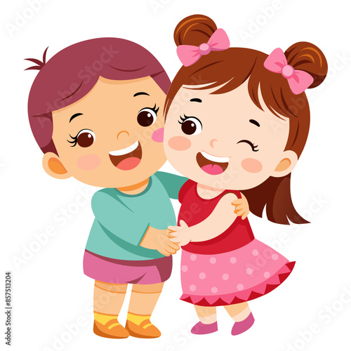 Two cartoon girls in colorful dresses smile and play together  