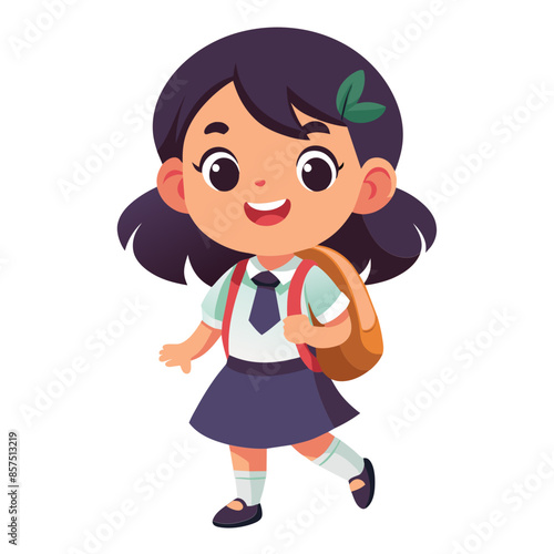A cute cartoon little girl with a backpack smiles happily