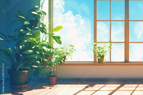 Sunlight Streaming Through a Window in a Room with Plants © Fathur