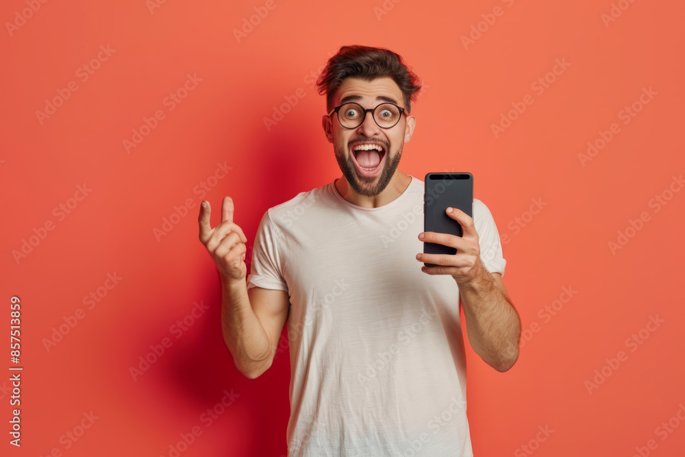 Man holds a smartphone while expressing excitement. Standing against a vibrant background Man holds a smartphone while expressing excitement. Standing against a vibrant background