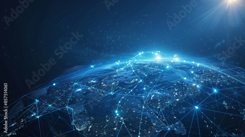 Futuristic blue background with Earth's map. Satellites transmit signals. Global internet connects people worldwide. Technology and future intertwined. Blue geometric shapes float in space.