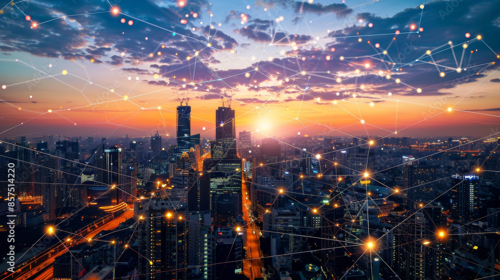 Fototapeta premium Smart city networks connect with digital technologies, creating a virtual world. Telecommunication and data connections let people and devices communicate.