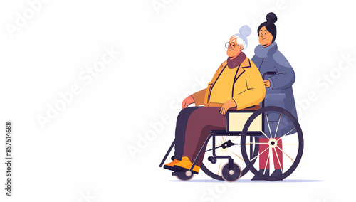 Taking care of disabled elderly people concept. Young smiling lady taking care of senior woman on wheelchair. Flat cartoon illustration of young woman helping. Rehabilitation and healthcare