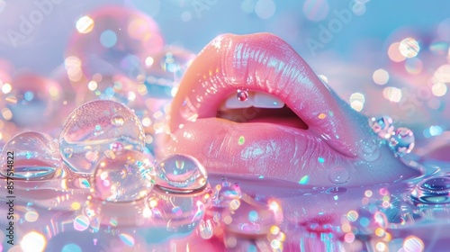 Close-up of abstract glossy pink lips surrounded by sparkling bubbles. Shiny lips and iridescent bubbles in a colorful, dreamy setting. Concept of beauty, glamour, fantasy, and cosmetics