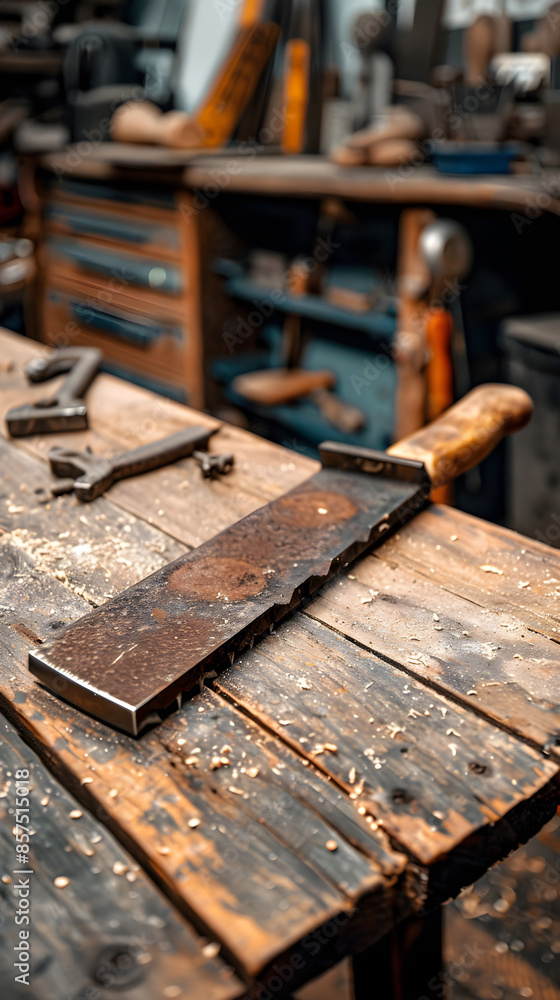Close-Up of Well-Worn Handsaw on Wooden Workbench with Tools in Background Close-Up of Well-Worn Handsaw on Wooden Workbench with Tools in Background