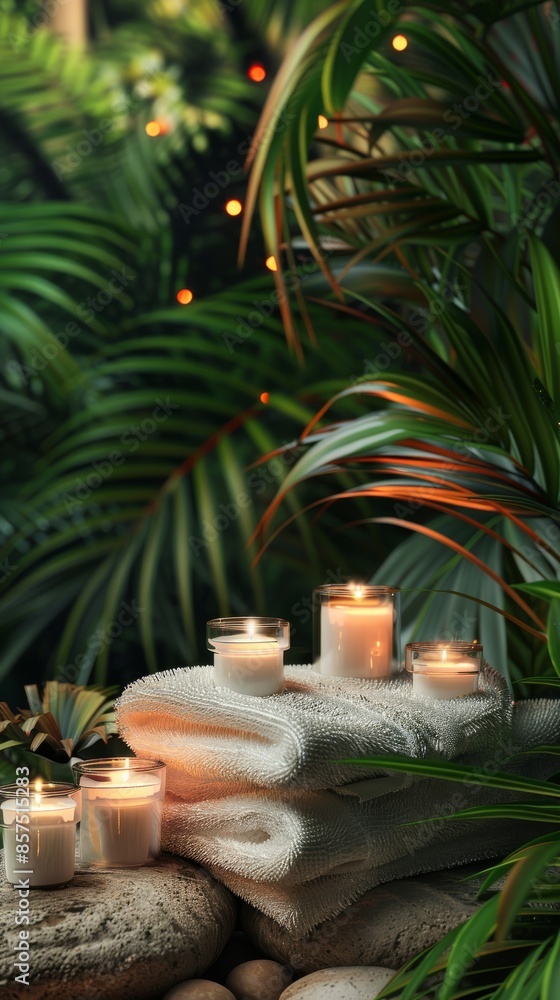 Relaxing spa setting with candles and towels in tropical environment, tranquil wellness concept Relaxing spa setting with candles and towels in tropical environment, tranquil wellness concept