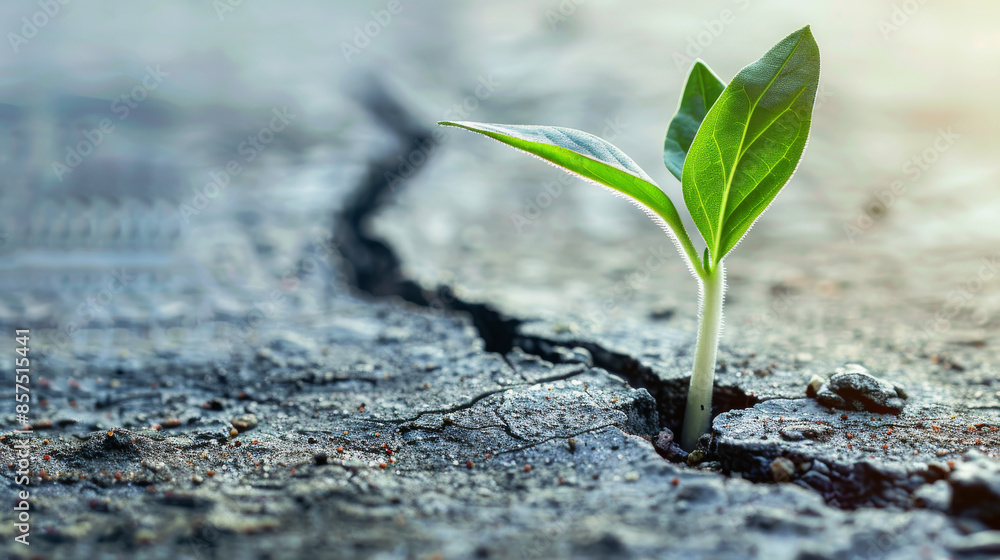 Emerging from adversity, a new beginning takes root. A cracked surface represents challenges, but a green sprout symbolizes growth and recovery in the face of economic crisis. Emerging from adversity, a new beginning takes root. A cracked surface represents challenges, but a green sprout symbolizes growth and recovery in the face of economic crisis.