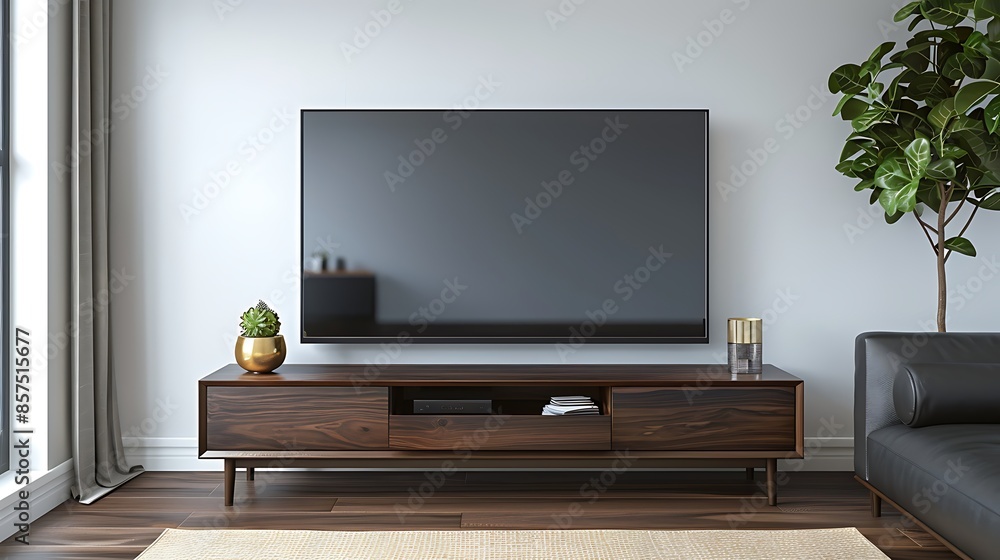 sleek, low-profile media console crafted from dark wood, featuring clean lines and hidden storage, positioned under a mounted flat-screen TV in a minimalist living room sleek, low-profile media console crafted from dark wood, featuring clean lines and hidden storage, positioned under a mounted flat-screen TV in a minimalist living room