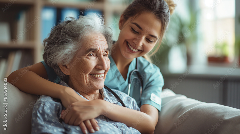 Young caregiver with senior woman . Home health care service Young caregiver with senior woman . Home health care service
