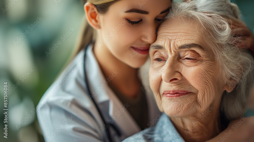 Young caregiver with senior woman . Home health care service Young caregiver with senior woman . Home health care service